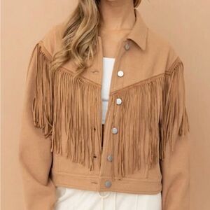 Tan Flannel Jean Jacket with Fringe   #0093750